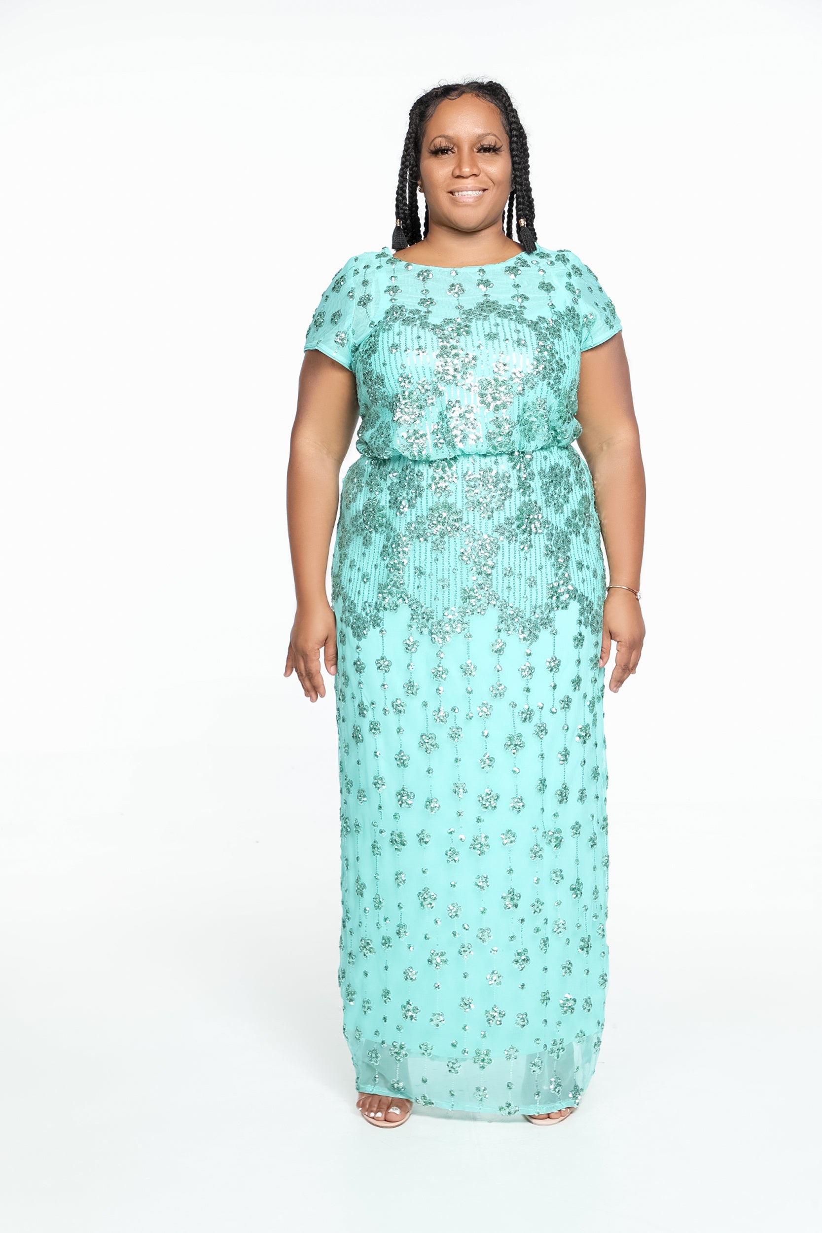 Ankle Length Jade Embroidered Floral Sequin Dress