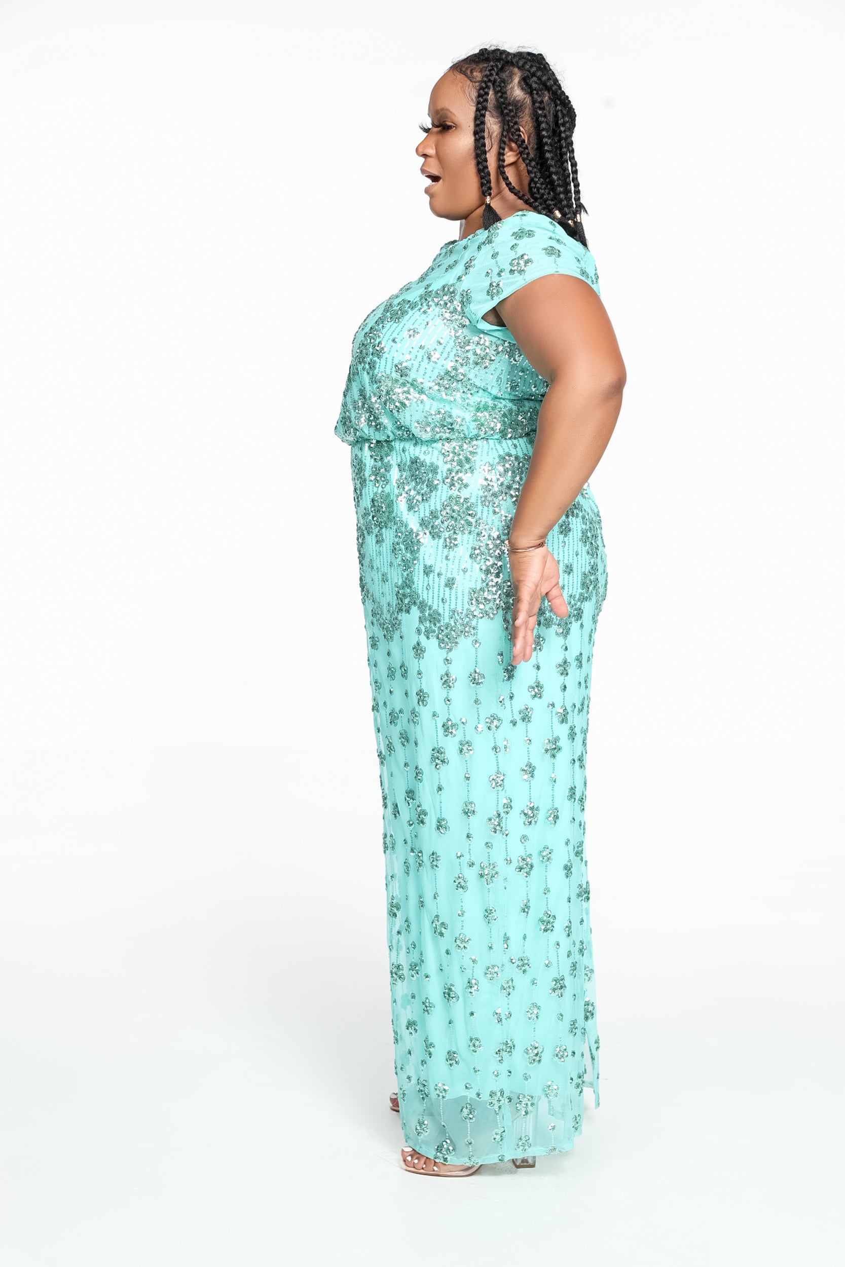 Ankle Length Jade Embroidered Floral Sequin Dress